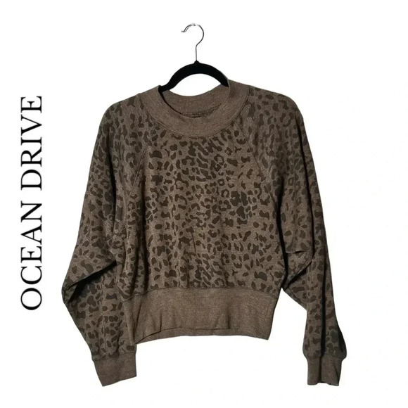 1914. OCEAN DRIVE LONG SLEEVE CROPPED SWEATER BROWN/BLACK LEOPARD PRINT SIZE MED - Picture 2 of 8